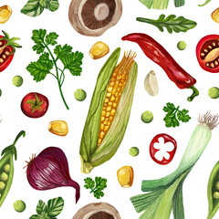 Seamless pattern vegetables on white background. imitation oil art. Autumn harvest, healthy food.