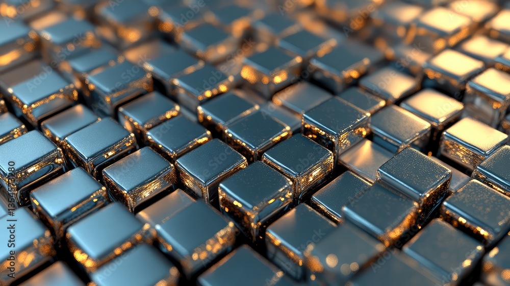 Poster shimmering metallic cubes with reflective surfaces forming a modern abstract pattern, evoking a sens