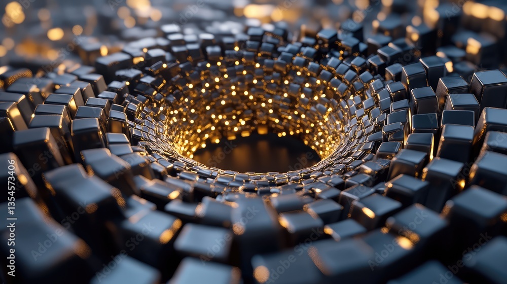 Poster abstract spiral formation of cubic shapes with glowing lights creating a mesmerizing vortex effect, 