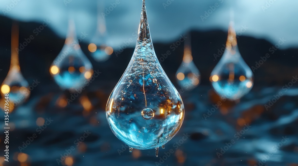 Poster abstract perspective of water droplets with reflections and bokeh effect on a dark background enhanc