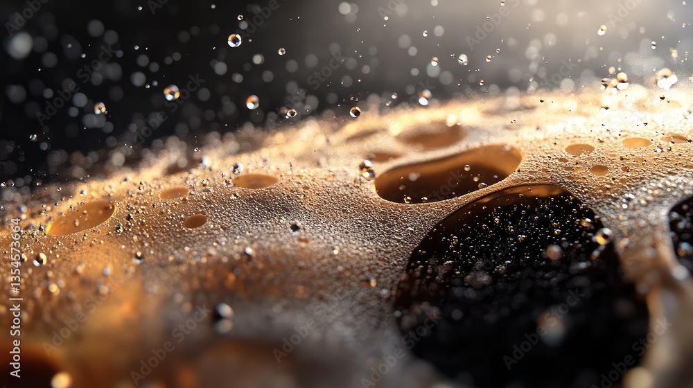 Poster close-up view of bubbling liquids with droplets captured in motion, showcasing textures and light in