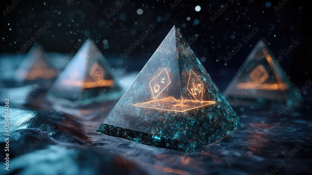 Aufkleber mystical glass pyramids with glowing symbols displayed on water surface in a dreamlike atmosphere wi
