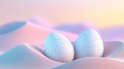 Easter Eggs with Smooth Curved Surfaces on Pastel Pink and Blue Sand Dunes Under Soft Gradient Sky. 3D Rendered Art Highlighting Subtle Textures and Organic Forms for Digital Wallpapers, Spring Brand 