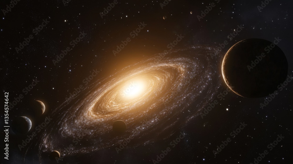 Aufkleber a mesmerizing depiction of a spiral galaxy in deep space, featuring a glowing core, extended arms, a