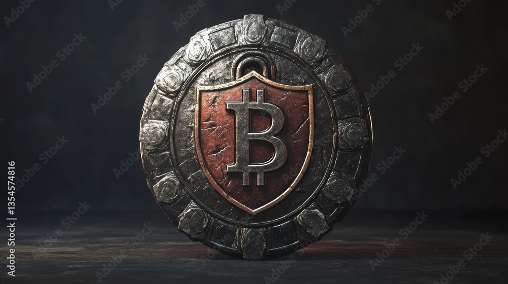 Poster a detailed rendering of a bitcoin emblem on a shield, featuring metallic textures and a red centerpi