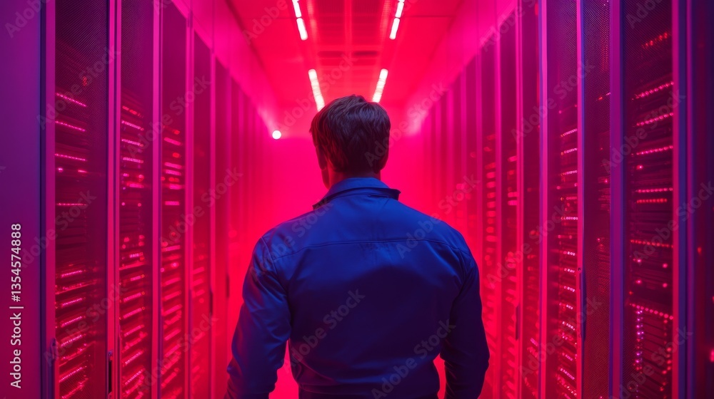 Aufkleber a data technician in a vivid neon-lit server room filled with rows of servers. the glowing pink and 