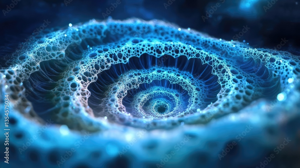 Poster abstract swirling pattern of blue bubbles creating a mesmerizing cosmic spiral amidst a dark starry 