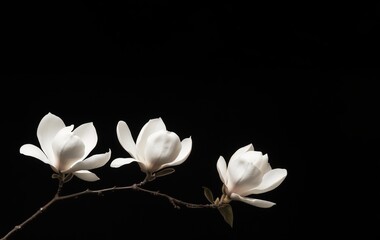 White Magnolia Flowers on Black Background in Minimalist Style