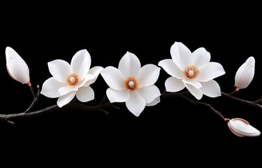 White Magnolia Flowers on Black Background in Minimalist Style