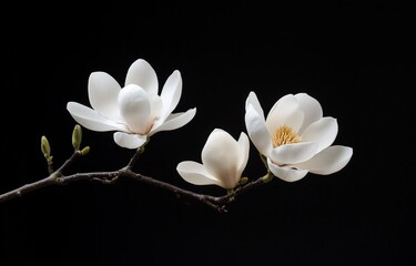 White Magnolia Flowers on Black Background in Minimalist Style