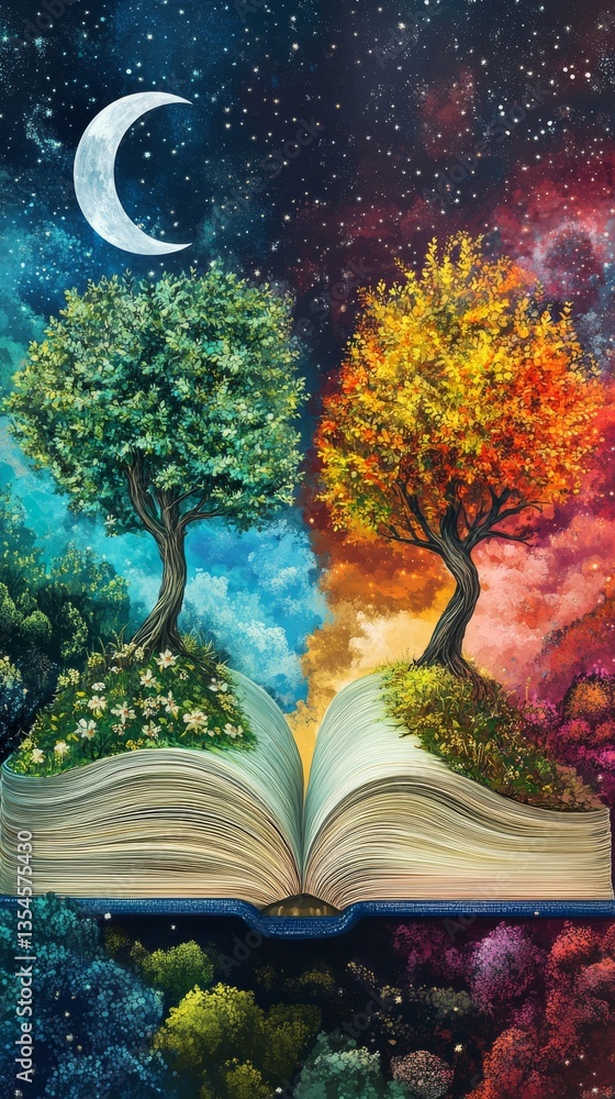 Poster a surreal open book with colorful trees emerging from its pages, set under a starry sky and crescent