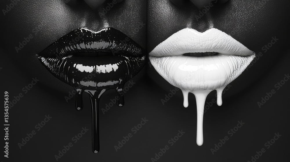 Poster artistic close-up of lips painted in black and white with dripping effects, symbolizing contrast and