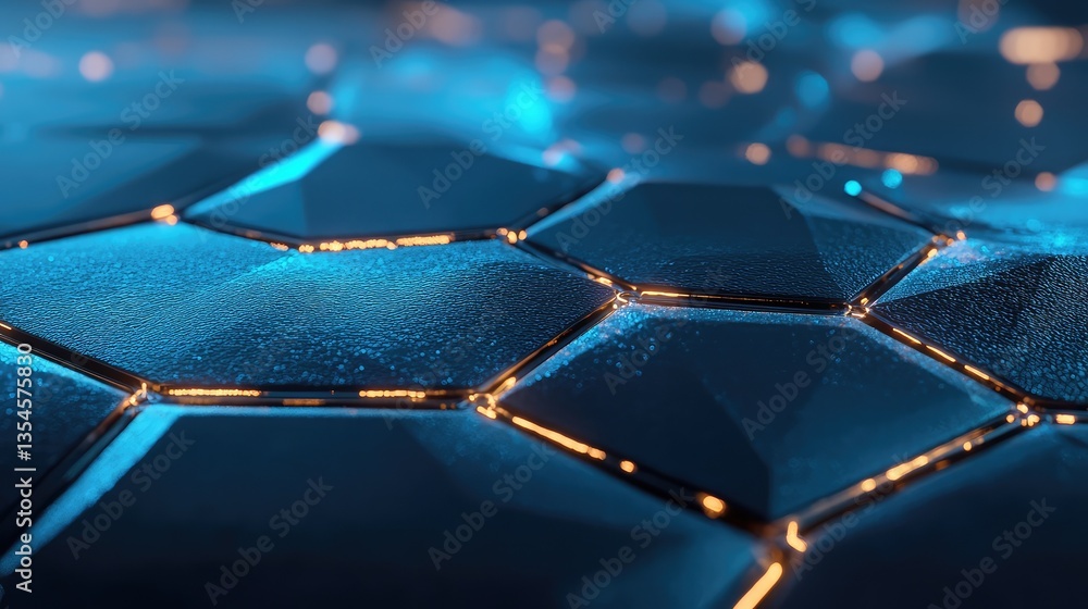 Poster close-up view of modern futuristic hexagonal pattern with luminous edges in blue and silver tones, c