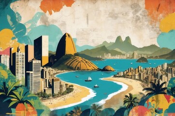 Obraz premium Vibrant coastal landscape showcasing Rio de Janeiro's mountains, beaches, and city skyline under a bright sky