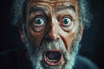 Expressive elderly man face portrait shows shock, wide eyes, wrinkled skin, open mouth