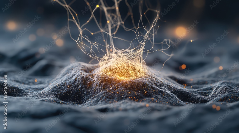 Poster abstract representation of dynamic energy with glowing tendrils and textured surface, evoking themes