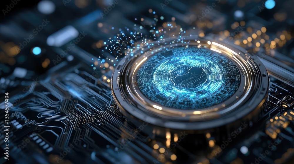 Poster futuristic circuit board with glowing blue portal and particle effects in a digital environment repr