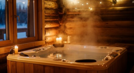 Cozy indoor rustic hot tub with warm lighting and steam in log cabin setting