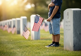 Child holding American flag in cemetery honoring fallen soldiers on Memorial Day