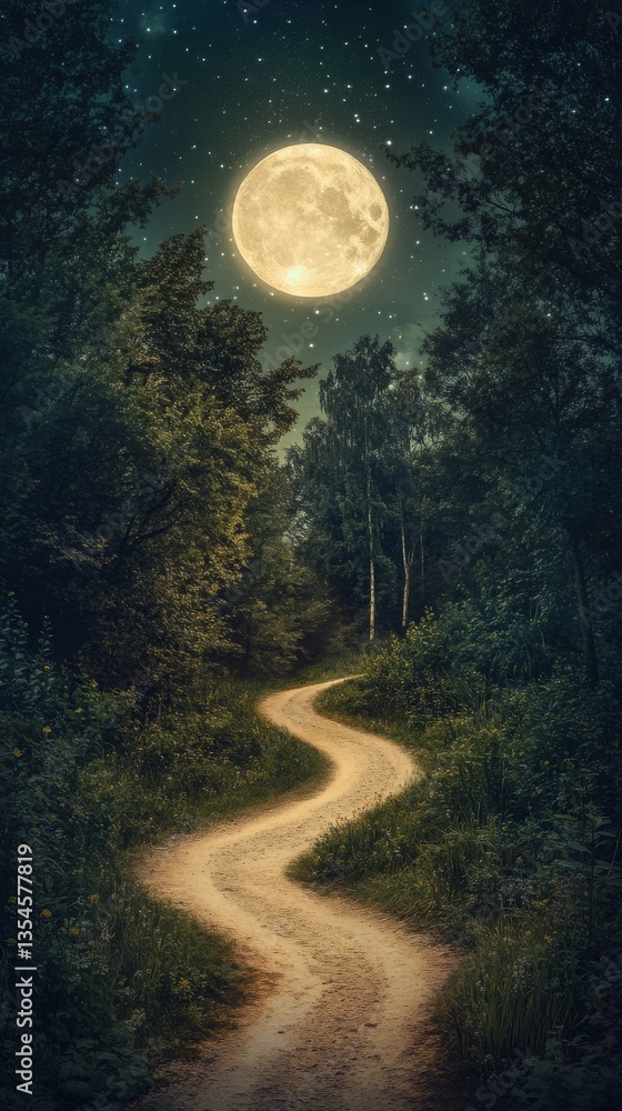 Poster serene nighttime path winding through a dense forest illuminated by a full moon. captivating natural