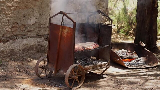 Grilling meat on rustic traditional barbecue smoker. Full HD