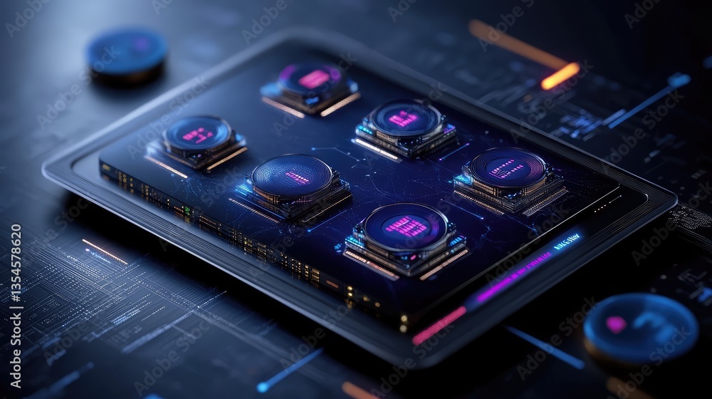 Poster futuristic digital interface featuring interactive touch buttons on a dark background with glowing e