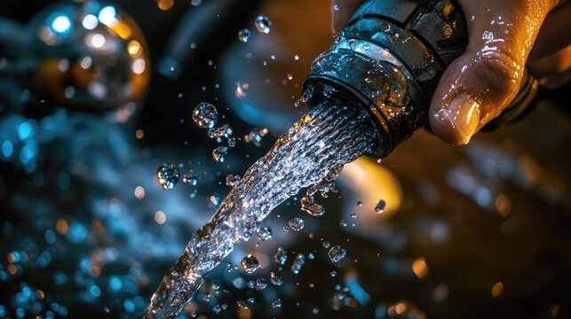 A close-up image of hands operating a metal valve surrounded by water,