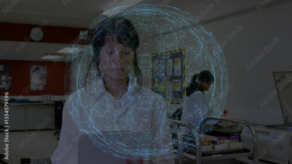 Poster scientist using tablet with network connections animation over laboratory background