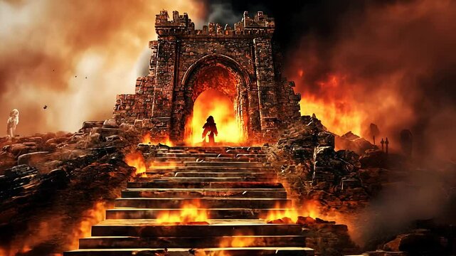 Burning Castle Gate with Fiery Pathway and Dark Sky

