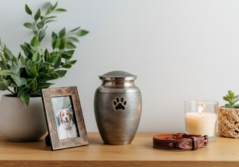Pet memorial scene with urn, dog photo, and candle on wooden shelf