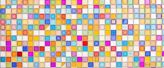 Fototapeta premium Vibrant mosaic tile wall, white & colorful geometric shapes , handmade, mosaic