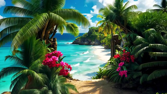 Tropical Island Beach Entrance Framed by Palm Trees and Colorful Flowers Daytime