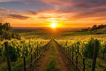 Naklejka premium A vineyard at sunset with rows of grapevines and a vibrant sky filled with orange and yellow hues