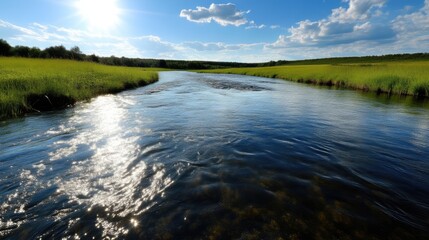 Fototapeta premium Serene river flowing through lush green meadow under a vibrant blue sky