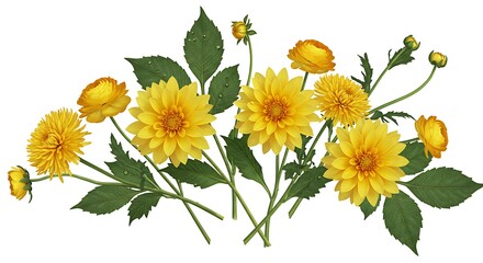 Botanical Elegance: Lush Yellow Blooms with Delicate Branches & Leaves on White