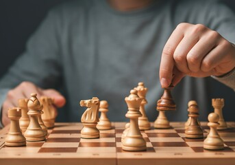 Person playing chess: strategic move with wooden pieces on chessboard