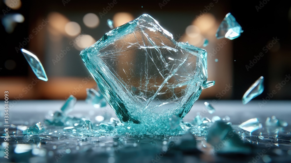 Poster shattered glass fragment in mid-air capturing dynamic motion with sparkling details and a soft, blur