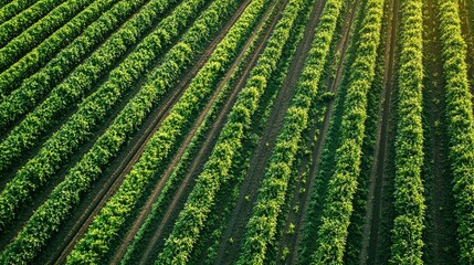 Sustainable water management, agricultural landscape with efficient irrigation systems, promoting water conservation, vibrant and green, simple minimal design.