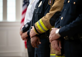 Memorial Day moment of silence. Diverse group of uniformed first responders standing together indoors