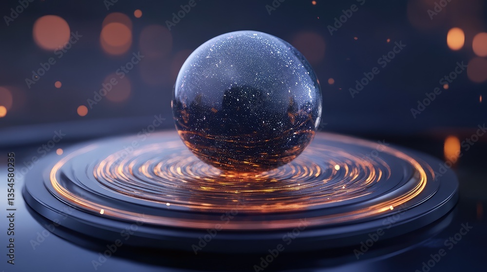 Poster a mesmerizing floating crystal sphere amidst radiant swirling light patterns, evoking the wonders of