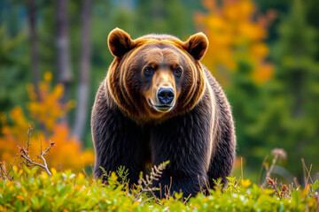 Grizzly Bear with Vibrant, Rich Fur Colors Gracefully Moving Through a Blurred Forest, Capturing Its Majestic Presence, Vibrant Wallpaper