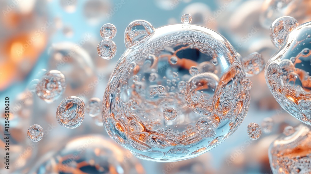 Poster beautiful close-up of transparent bubbles floating in water, capturing the essence of fluid dynamics