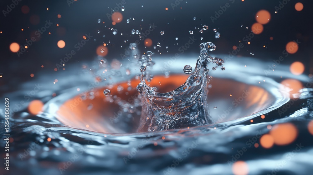 Poster captivating close-up of water droplet splashing on surface creating ripples with sparkling bokeh bac