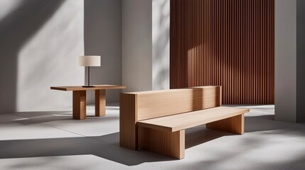 Light Wood Bench and Table in Minimalist Room Interior