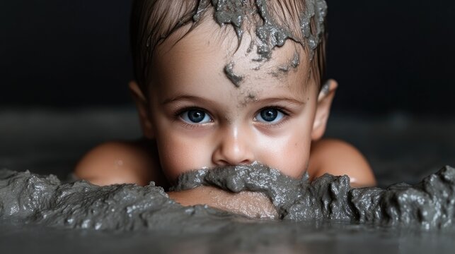 Child immersed in mud bath