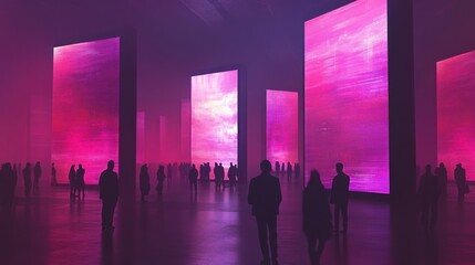 Silhouetted figures observe vibrant pink digital art installations