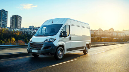 White Cargo Van Driving on City Highway, Delivery Service
