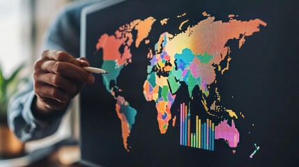 Person analyzing a colorful world map data visualization