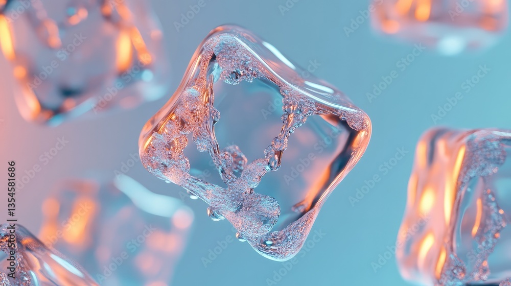 Poster floating ice cubes with bubbles in soft blue and orange light creating a dreamy atmosphere for creat