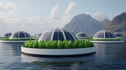 Futuristic Floating Biodome Farm with Renewable Energy Sources and Sustainable Ecosystem